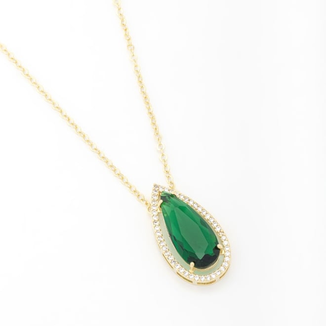 GR-01638 COLAR BANHADO A OURO 18K COM CORRENTE ELO GRUMET E PINGENTE EM FORMATO DE GOTA COM PEDRA CENTRAL
