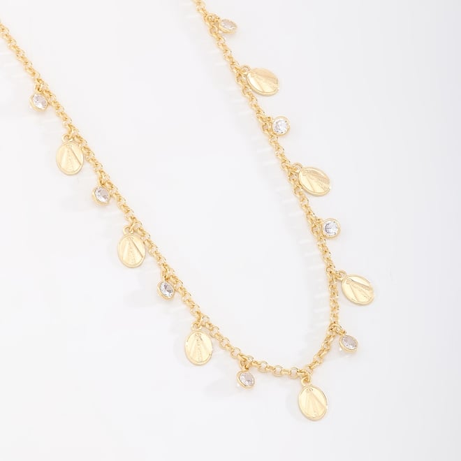 GR-01831 GARGANTILHA BANHADA A OURO 18K COM PINGENTES DE NOSSA SENHORA E DETALHES CRAVEJADOS EM ZIRCÔNIAS