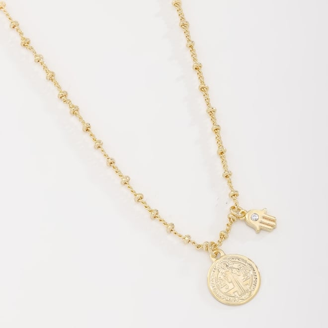 GR-01982 COLAR COM MEDALHA RELIGIOSA E PINGENTE DE MÃO DE FÁTIMA EM ZIRCÔNIA
