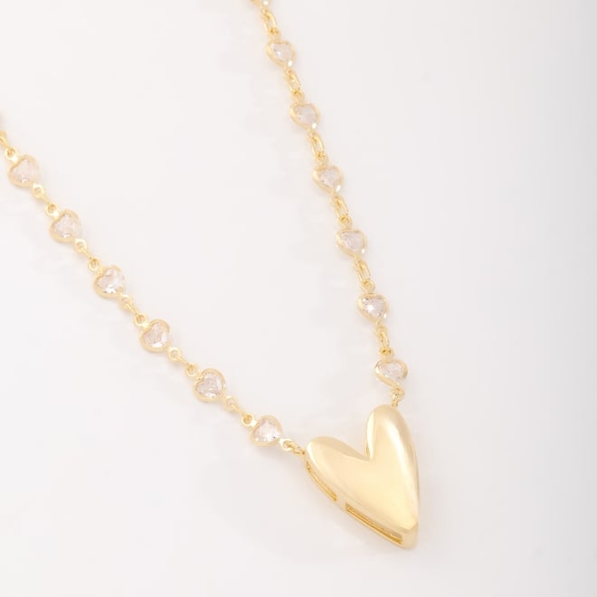 GR-02128 COLAR BANHADO A OURO 18K COM CORRENTE EM CORAÇÕES CRAVEJADOS E PINGENTE DE CORAÇÃO LISO