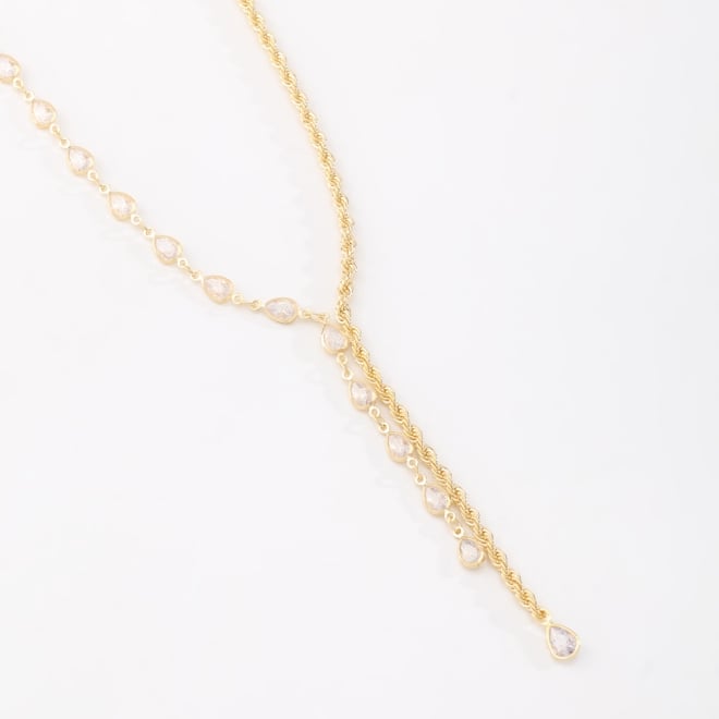 GR-02149 COLAR BANHADO A OURO 18K GRAVATA COM ZIRCÔNIAS EM GOTAS E CORDÃO BAIANO