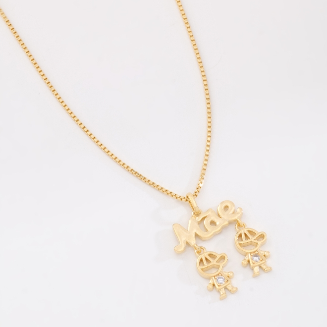 GR-02390 COLAR BANHADO A OURO 18K COM PINGENTE MÃE E DOIS MENINOS