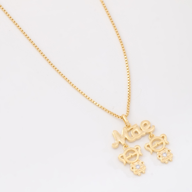 GR-02391 COLAR BANHADO A OURO 18K COM PINGENTE MÃE E DOIS MENINA