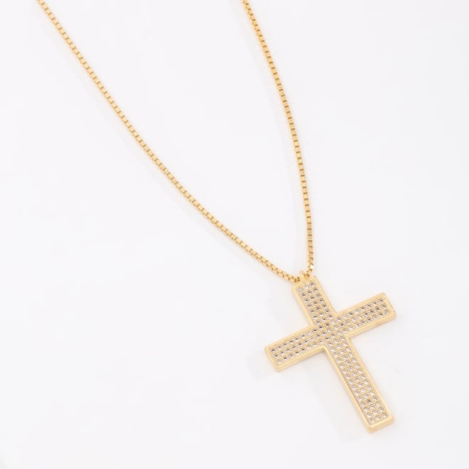 GR-03011 COLAR BANHADO A OURO 18K COM PINGENTE EM FORMATO DE CRUZ EM ZIRCÔNIAS