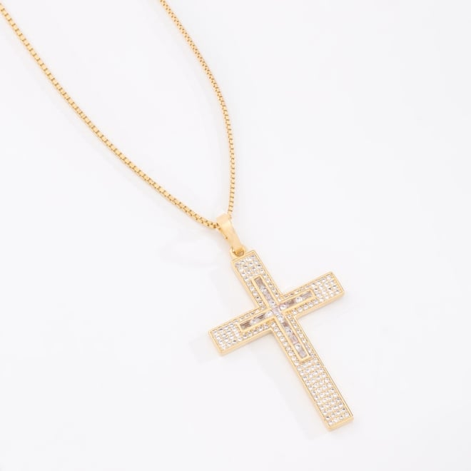 GR-03012 COLAR BANHADO A OURO 18K COM PINGENTE DE CRUZ EM ZIRCÔNIAS E DETALHE CENTRAL EM PEDRAS LAPIDADAS