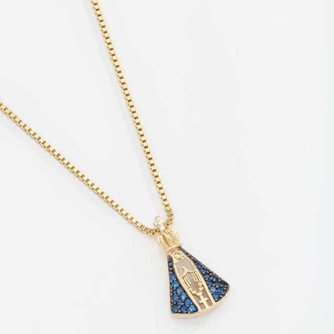 GRN-00371 COLAR BANHADO A OURO 18K COM PINGENTE DE NOSSA SENHORA APARECIDA CRAVEJADO
