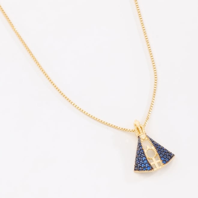 GRN-02536- GARGANTILHA BANHADA A OURO 18K COM PINGENTE DE NOSSA SENHORA CRAVEJADO