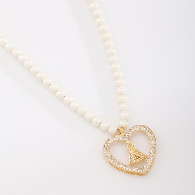 GX-0033 COLAR PÉROLA CORAÇÃO DE NOSSA SENHORA 40CM