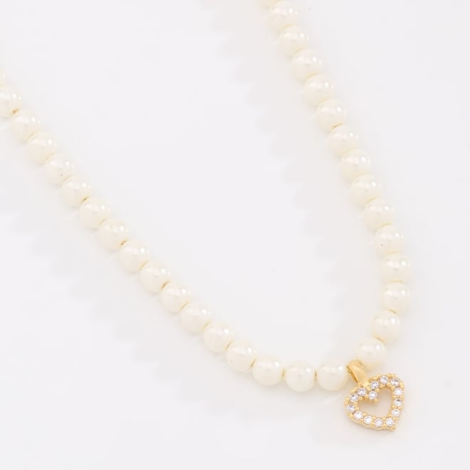 GX-0048 COLAR BANHADO A OURO 18K COM PÉROLAS E PINGENTE DE CORAÇÃO CRAVEJADO