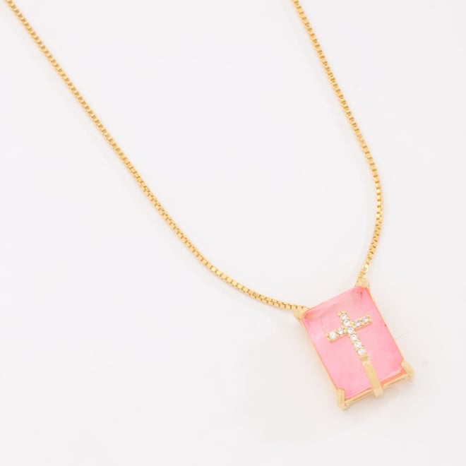 GX-0123 COLAR BANHADO A OURO 18K RETANGULAR E DETALHE DE CRUZ EM ZIRCÔNIA