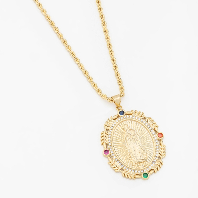 GX-0234 COLAR COM MEDALHA RELIGIOSA DETALHADA EM ZIRCÔNIAS E PEDRAS COLORIDAS