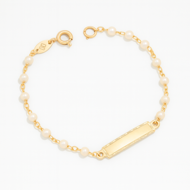 KPI-0112 KIT COM 3 PULSEIRAS INFANTIS BANHADAS A OURO 18K COM PÉROLAS DELICADAS E PLAQUINHA LISA
