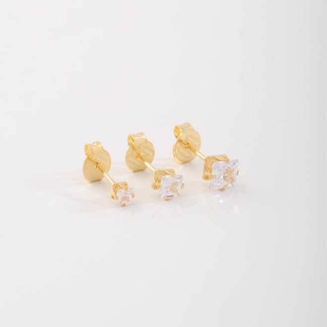 KTBF-0004 KIT COM 10 PARES DE BRINCO TRIO BANHADO A OURO 18K COM ZIRCÔNIAS EM FORMATO CARRÉ