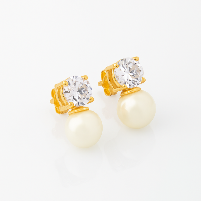 OUTB-00015 BRINCO BANHADO A OURO 18K COM PÉROLA E DETALHE EM ZIRCÔNIA
