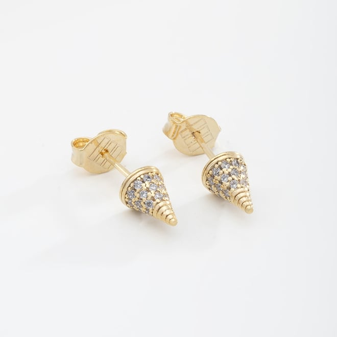 OUTB-00121 BRINCO BANHADO A OURO 18K COM DESIGN EM FORMATO DE CONE EM ZIRCÔNIAS