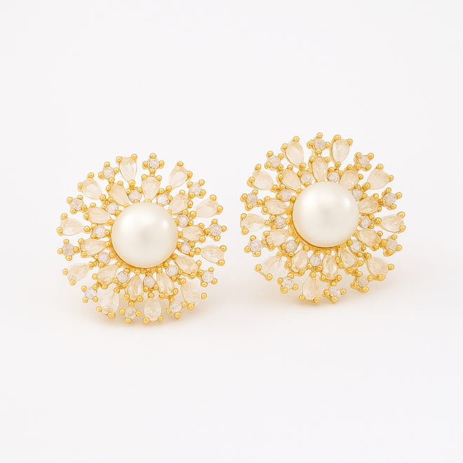OUTB-12970 BRINCO BANHADO A OURO 18K COM PÉROLA CENTRAL E ZIRCONIAS