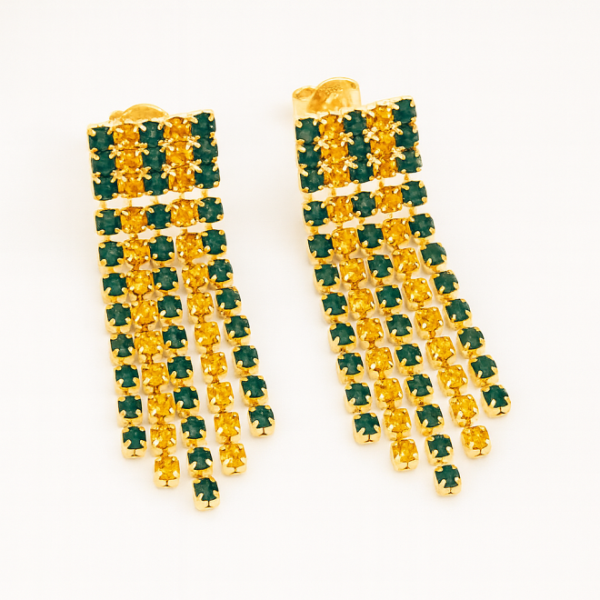 OUTBBB-00011 BRINCO LONGO BANHADO A OURO 18K COM FILEIRAS DE ZIRCÔNIAS