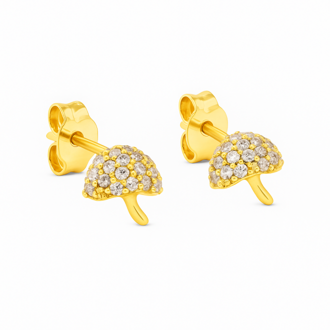 OUTBI-0042 BRINCO INFANTIL BANHADO A OURO 18K EM FORMATO DE COGUMELO EM ZIRCÔNIAS