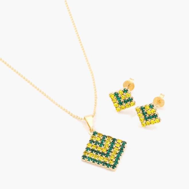 OUTCB-00004 CONJUNTO BANHADO A OURO 18K COM PINGENTE E BRINCOS EM FORMATO QUADRADO