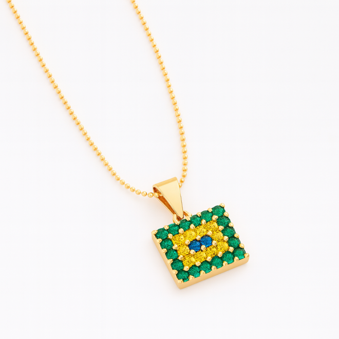 OUTGBB-00003 COLAR BANHADO A OURO 18K COM PINGENTE CRAVEJADO NAS CORES DA BANDEIRA DO BRASIL