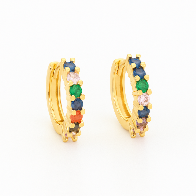OUTKBT-0923 KIT COM 5 PARES DE BRINCOS BANHADOS A OURO 18K ARGOLA EM ZIRCÔNIAS COLORIDAS