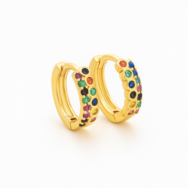OUTKBT-0947 KIT COM 5 PARES DE ARGOLAS DE CLICK BANHADAS A OURO 18K COM ZIRCÔNIAS COLORIDAS