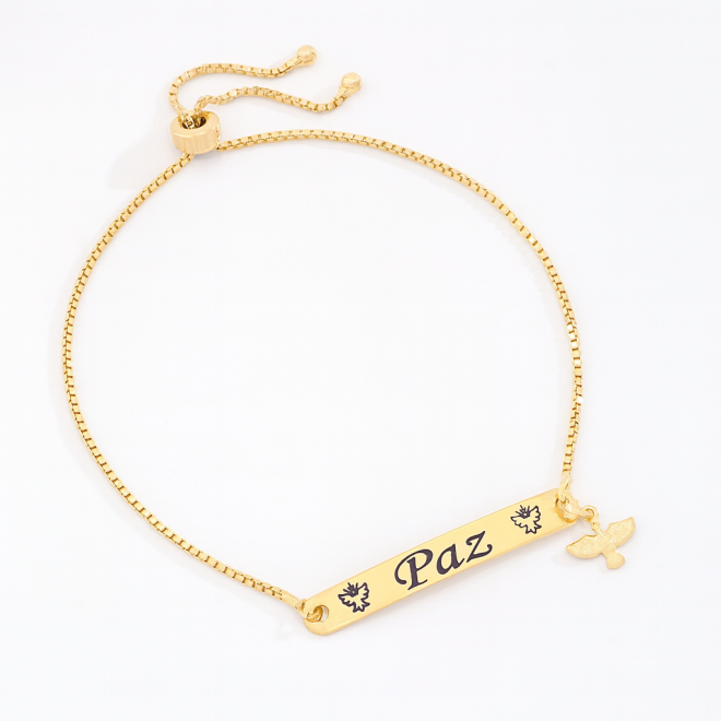 OUTP-2793 PULSEIRA BANHADA A OURO 18K COM PLACA ESCRITA PAZ 