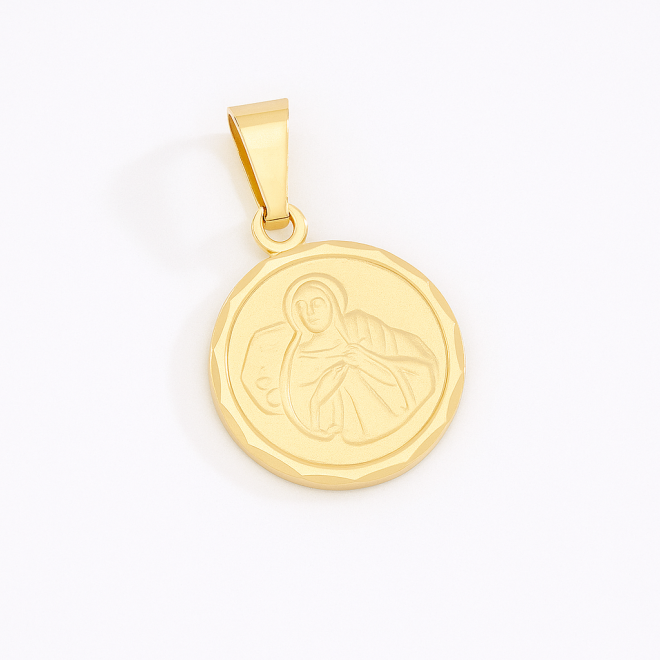 OUTPG-0466 PINGENTE BANHADO A OURO 18K EM MEDALHA REDONDA DE NOSSA SENHORA DESATADORA DOS NÓS