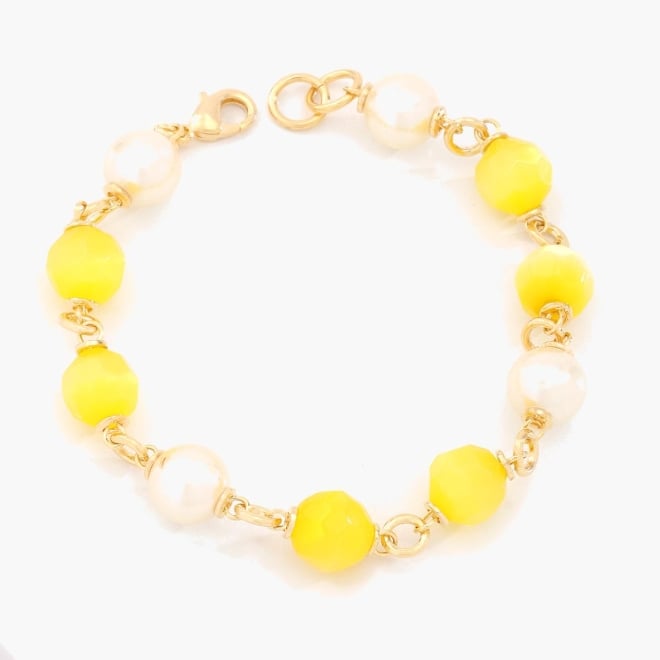 OUTPL-00001 PULSEIRA BANHADA A OURO 18K COM ESFERAS FACETADAS E DETALHES EM PÉROLA