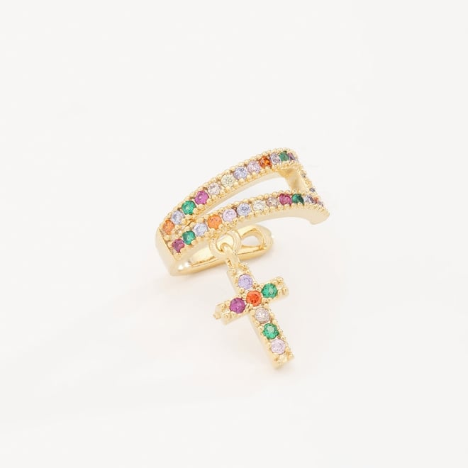 PC-00024 PIERCING BANHADO A OURO 18K COM DESIGN DUPLO EM ZIRCÔNIAS COLORIDAS E PINGENTE DE CRUZ