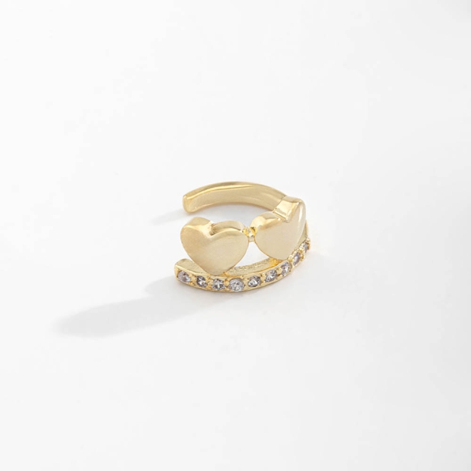 PC-00043 PIERCING BANHADO A OURO 18K COM DESIGN DUPLO EM CORAÇÕES E FILEIRA EM ZIRCONIAS