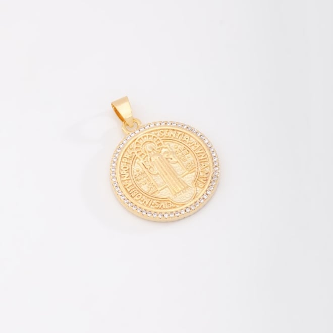 PG-00163 PINGENTE COM DETALHES EM ZIRCÔNIAS E MEDALHA DE SÃO BENTO
