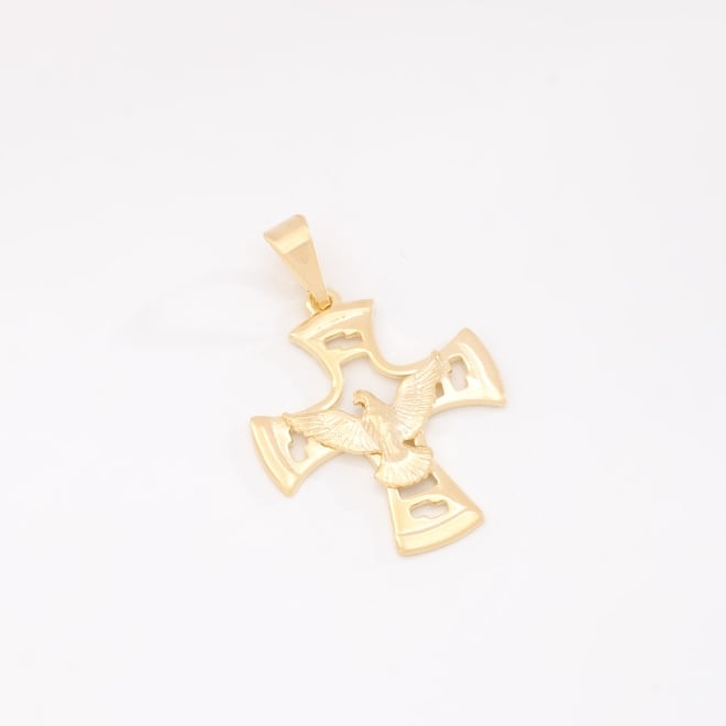 PG-00209 PINGENTE BANHADO A OURO 18K EM FORMATO DE CRUZ COM DETALHE DO ESPÍRITO SANTO EM ALTO-RELEVO