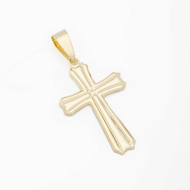 PG-00227 PINGENTE BANHADO A OURO 18K DE CRUZ COM DESIGN LISO E DETALHES EM ALTO RELEVO