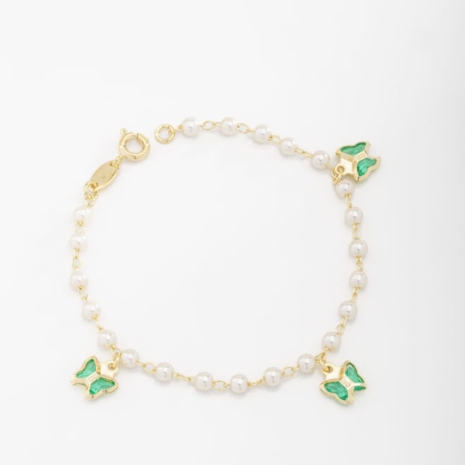 PI-00054 PULSEIRA INFANTIL COM PÉROLAS E PINGENTES DE BORBOLETA