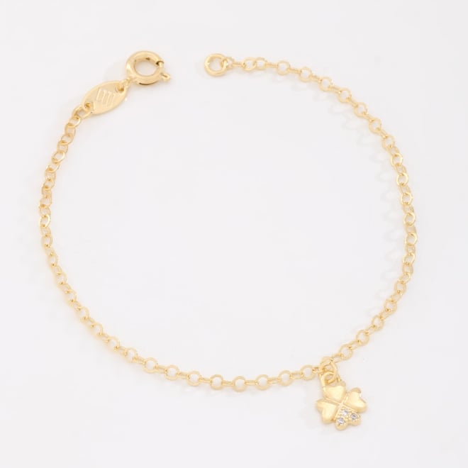 PI-00093 PULSEIRA INFANTIL BANHADA A OURO 18K COM PINGENTE DE TREVO DE QUATRO FOLHAS CRAVEJADO EM ZIRCÔNIAS