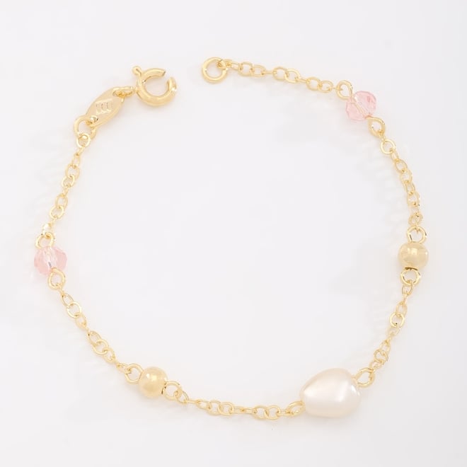 PI-00094 PULSEIRA INFANTIL BANHADA A OURO 18K COM DETALHES EM PÉROLA E PEDRAS COLORIDAS