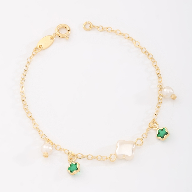 PI-00098 PULSEIRA INFANTIL BANHADA A OURO 18K COM PINGENTES DELICADOS E DETALHES EM PÉROLAS