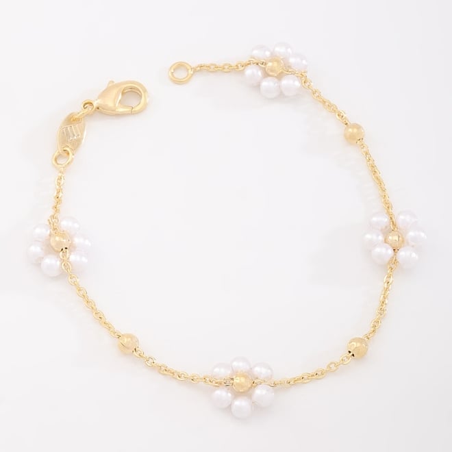 PI-00107 PULSEIRA COM DETALHES DE FLORES FORMADAS POR PÉROLAS E ESFERAS