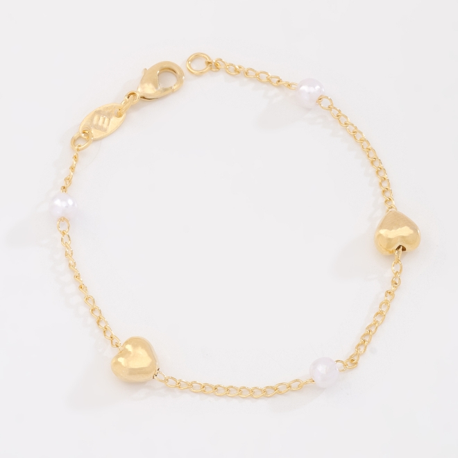 PI-00116 PULSEIRA INFANTIL BANHADA A OURO 18K COM DETALHES EM CORAÇÃO E PÉROLAS