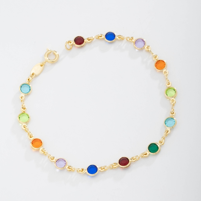 PU-00001 PULSEIRA BANHADA A OURO 18K COM PEDRAS REDONDAS COLORIDAS