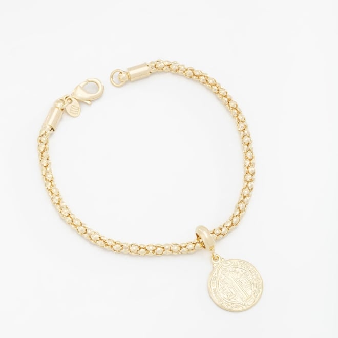 PU-00076 PULSEIRA BANHADA A OURO 18K COM CORRENTE TEXTURIZADA E PINGENTE DE MEDALHA DE S&Atilde;O BENTO