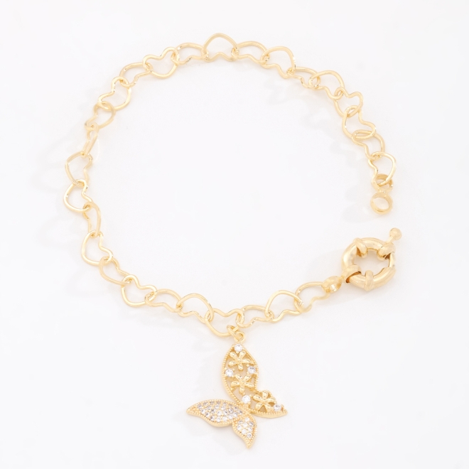 PU-00081 PULSEIRA COM ELOS DE CORA&Ccedil;&Atilde;O E PINGENTE DE BORBOLETA EM ZIRC&Ocirc;NIAS