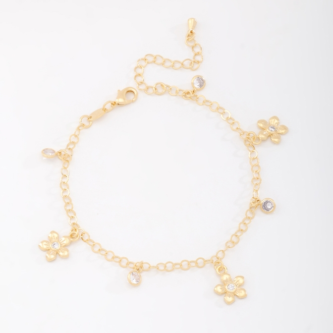 PU-00089 PULSEIRA BANHADA A OURO 18K COM PINGENTES EM FORMATO DE FLOR