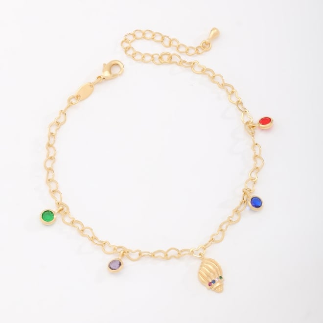 PU-00092 PULSEIRA BANHADA A OURO 18K COM PINGENTES COLORIDOS E DETALHE DE CONCHA