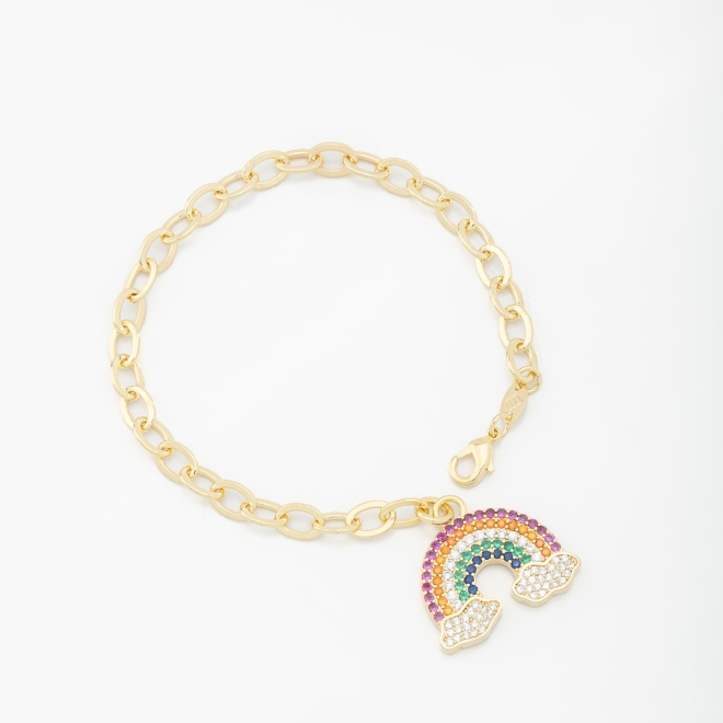 PU-00104 PULSEIRA BANHADA A OURO 18K COM ELO OVAL E PINGENTE DE ARCO-ÍRIS