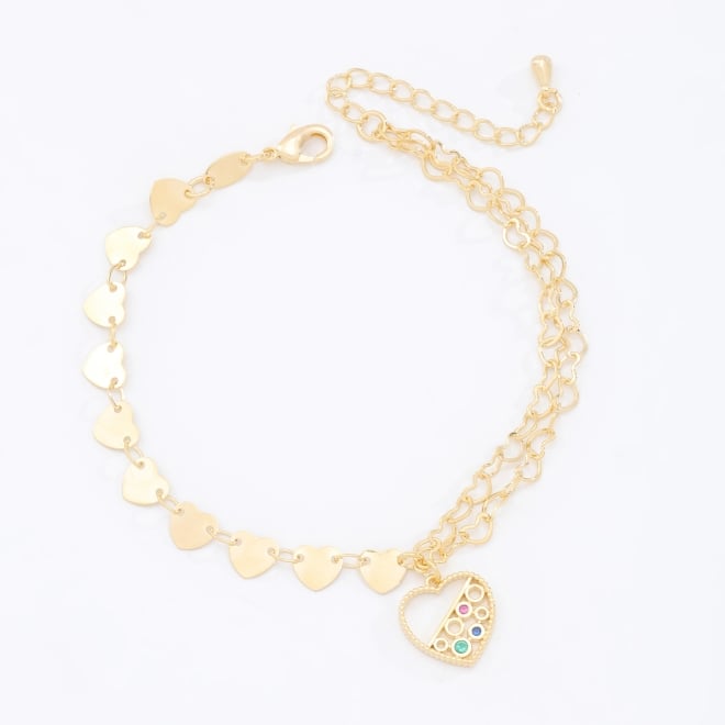 PU-00111-PULSEIRA DUPLA COM CORAÇÕES E PINGENTE COLORIDO