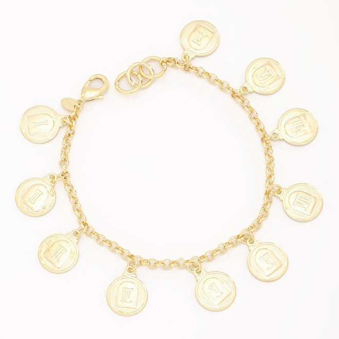 PU-00129 PULSEIRA COM PINGENTES DE MEDALHAS EM NÚMEROS ROMANOS