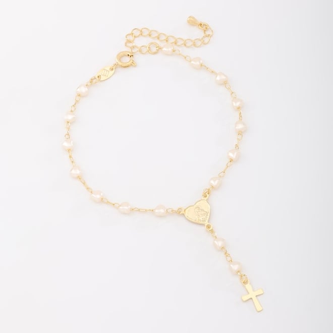 PU-00147 PULSEIRA TER&Ccedil;O COM P&Eacute;ROLAS EM CORA&Ccedil;&Atilde;O E PINGENTE DE CRUZ
