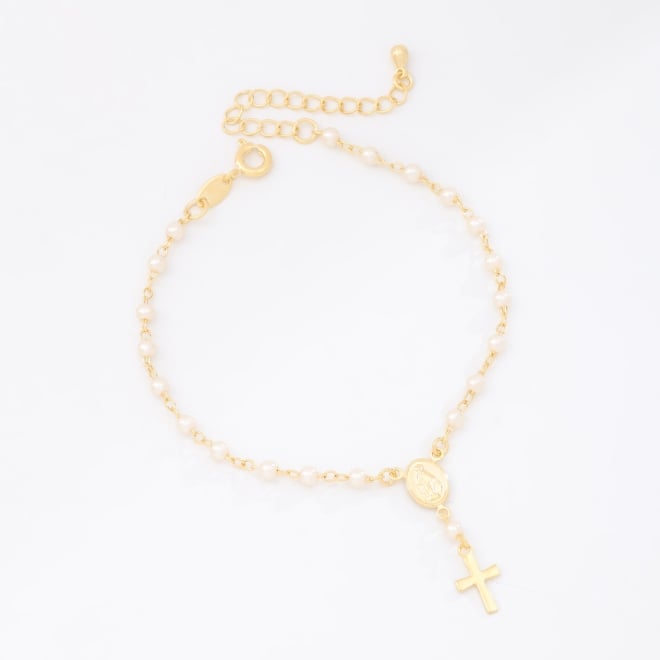 PU-00149 PULSEIRA COM DETALHES EM P&Eacute;ROLAS E PINGENTE RELIGIOSO E CRUZ